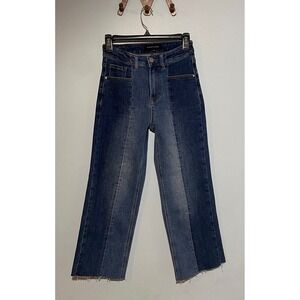 Risen Denim Jeans 2-Tone Front Seam Mid Rise Raw Hem RDP5582 sz 0/24 Wide Ankle‎